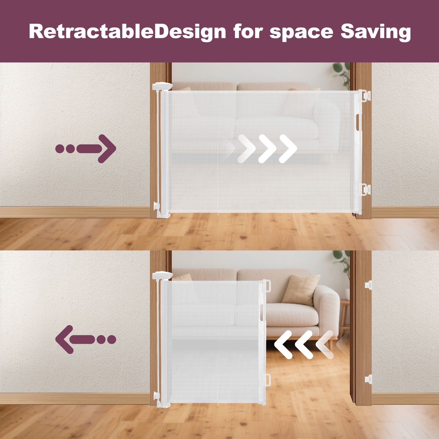HioHa 59 Inch Retractable Gate, Hardware-Mounted Mesh Safety Gate for Stairs & Doorways, White