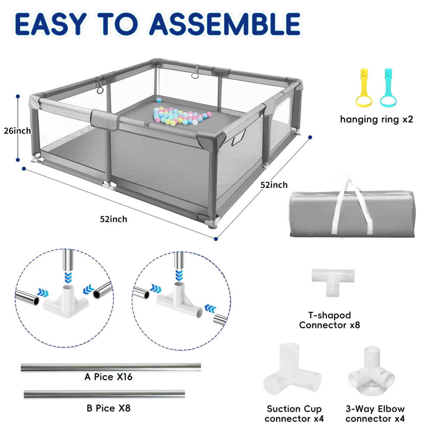 HioHa 52" x 52" Baby Playpen, Portable Play Yard with Sturdy Steel Frame & Breathable Mesh, Indoor Outdoor Baby Play Area