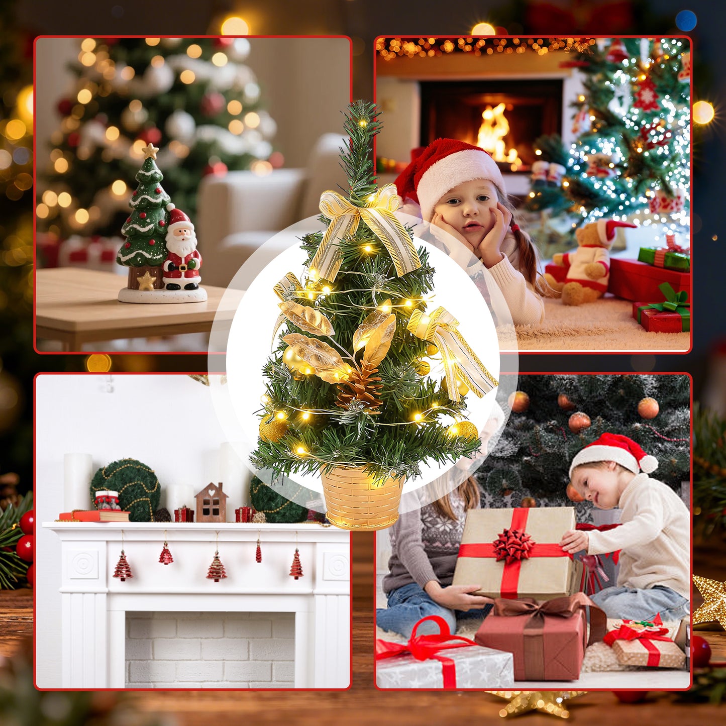 HioHa Small Christmas Trees with Lights, 1.4ft Mini Christmas Tree - Flocked Tabletop Christmas Decor for Home Office, Rustic Artificial Christmas Tree