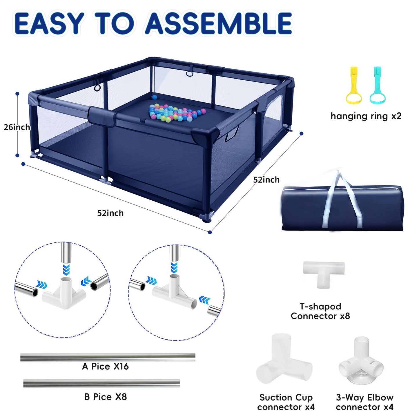 HioHa 52" x 52" Baby Playpen, Portable Play Yard with Sturdy Steel Frame & Breathable Mesh, Indoor Outdoor Baby Play Area