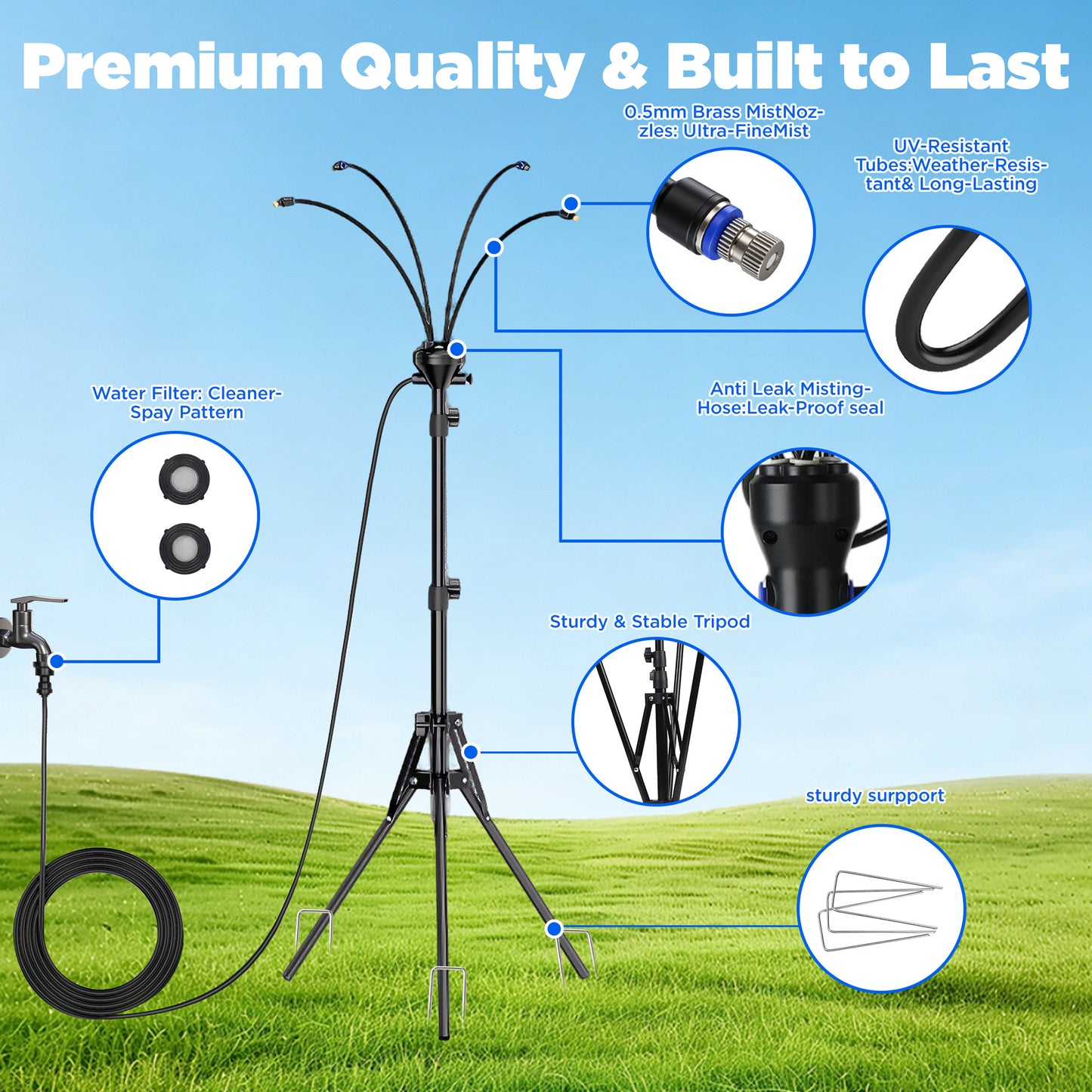Lcgod 5.3FT Outdoor Standing Misting Sprayer, Adjustable Height Cooling Mist System, Portable Mist Hose for Patio Garden Pool BBQ Backyard Sunbathing