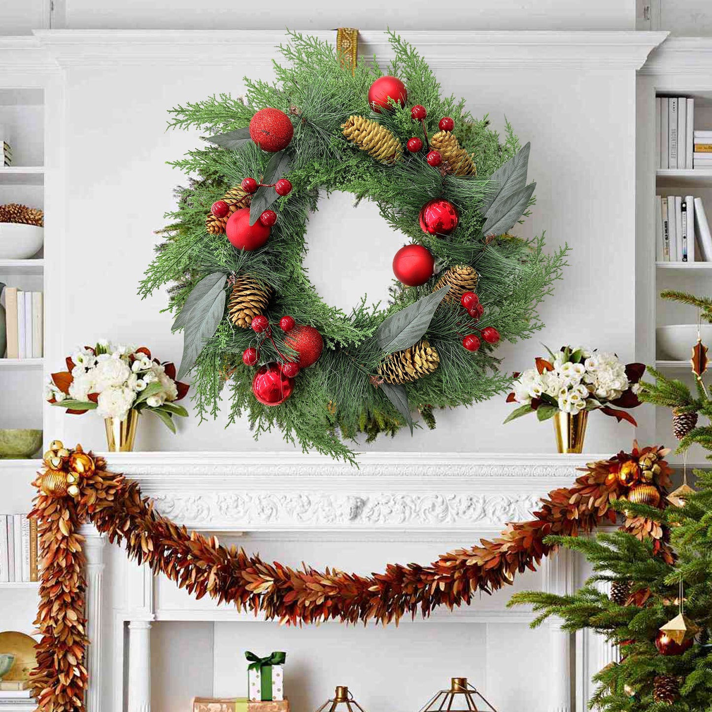 HioHa Christmas Wreaths & Fall Wreath for Front Door, 16-inch Artificial Decor with Pine Cones & Berries for Indoor Outdoor Use