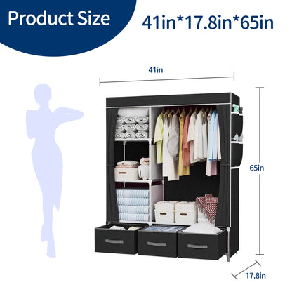 HioHa Portable Closet Organizer,3 Storage Drawers & Hanging Rod, Sturdy Space Saving Wardrobe for Bedroom Dorm Rental, Black