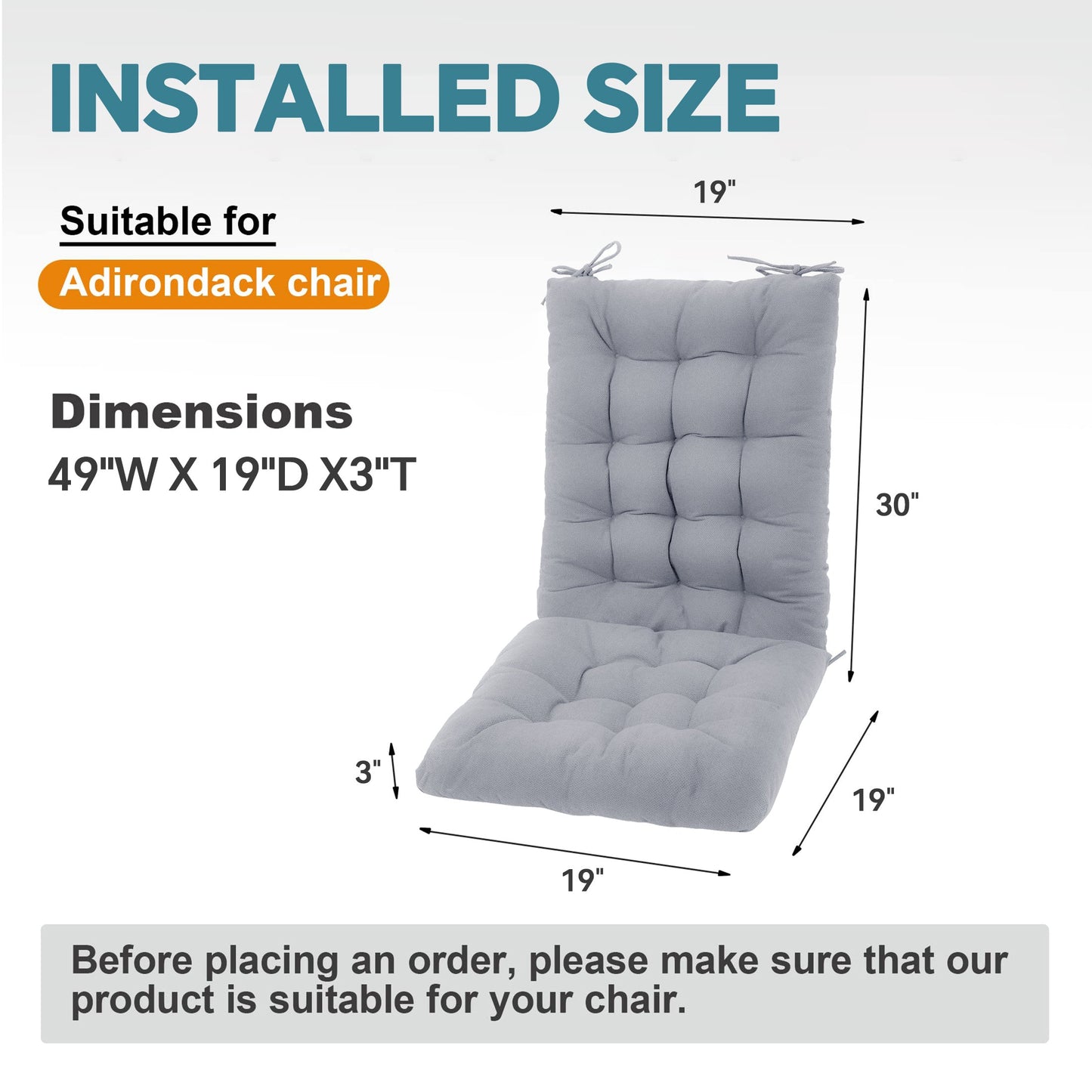 HioHa Rocking Chair Cushion, 49x19x3 inch Lounge Chaise Chair Cushion with Ties, Thickened Recliner Cushion Double-Sided Foldable(Gray)