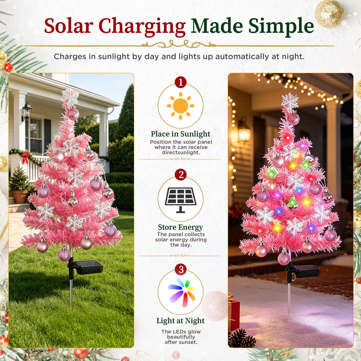 HioHa Solar Christmas Tree Stakes, 2 Pack Pink Outdoor Solar LED Christmas Tree Stake Lights, Waterproof Christmas Decor with Baubles & Snowflake Ornaments, Solar Powered Pathway Lights for Yard Lawn