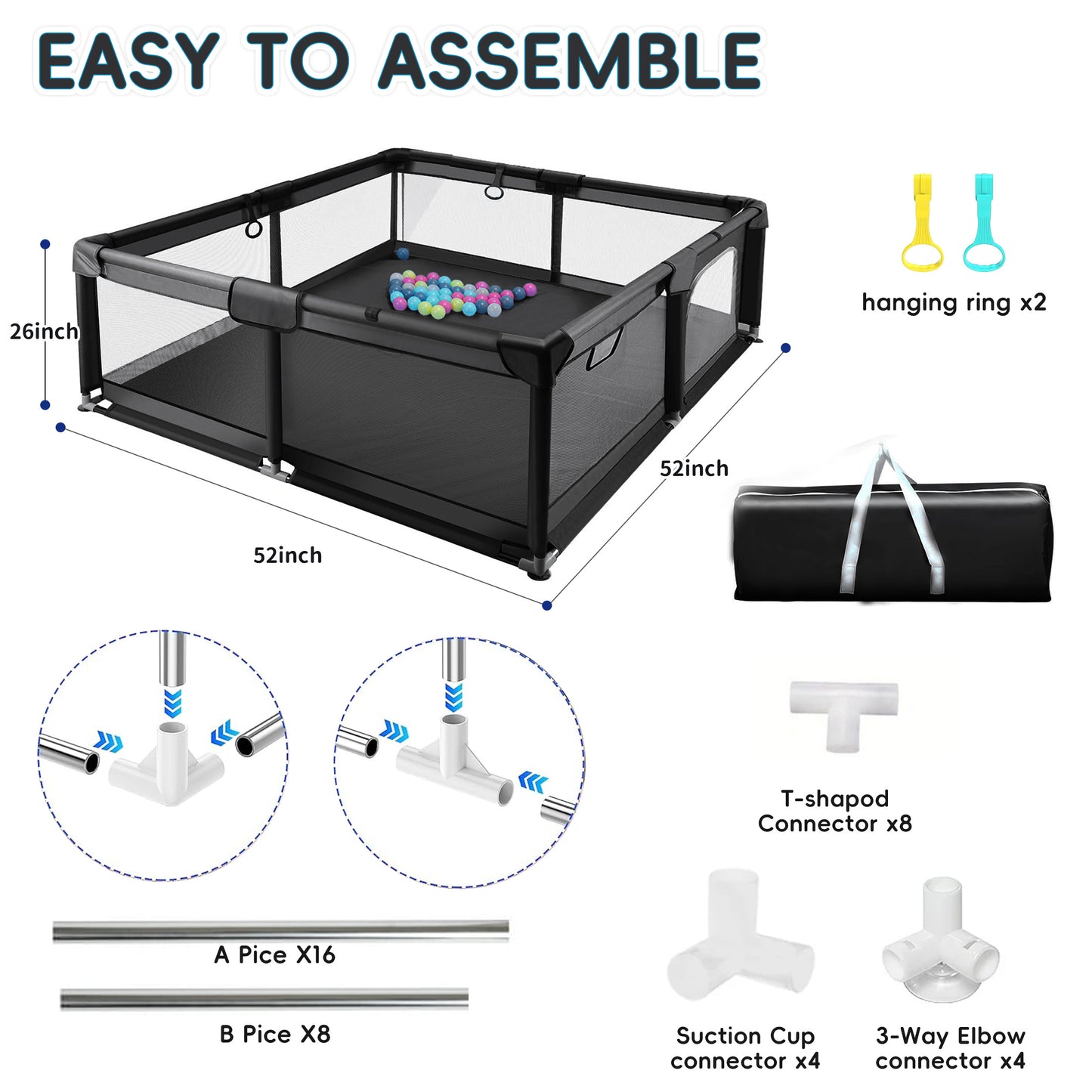 HioHa 52" x 52" Baby Playpen, Portable Play Yard with Sturdy Steel Frame & Breathable Mesh, Indoor Outdoor Baby Play Area