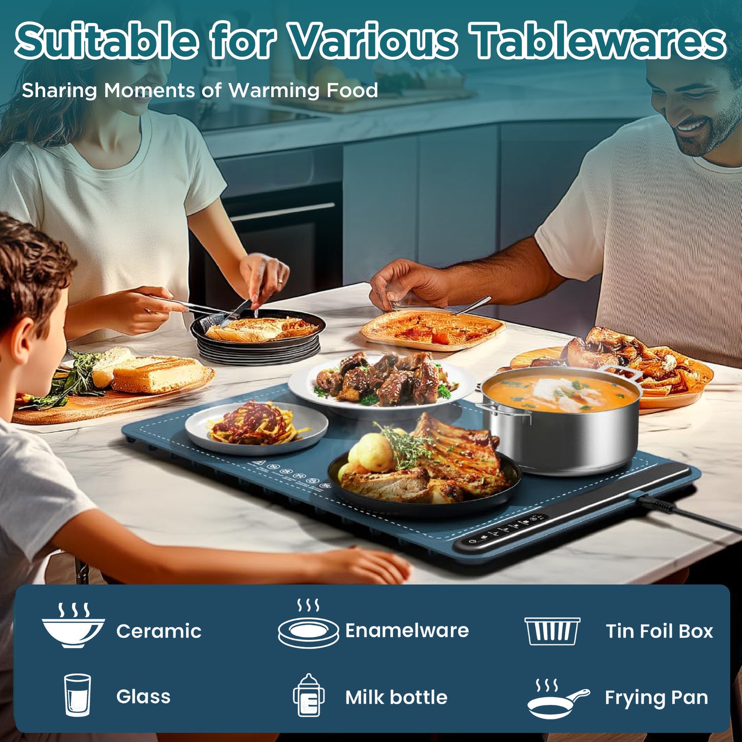 HioHa Food Warmer Electric, Fast & Even Heating Mat with 6-Temp Settings, Timer, Auto Shut-Off, Portable Hot Plate for Desktop Safety
