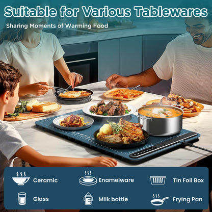 HioHa Food Warmer Electric, Fast & Even Heating Mat with 6-Temp Settings, Timer, Auto Shut-Off, Portable Hot Plate for Desktop Safety