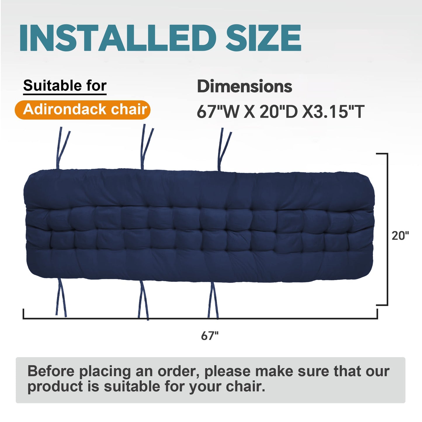 HioHa Chaise Lounge Cushion, 67x20x3 inch Rocking Chair Cushion with Ties and Top Cover, Patio Swing Bench Cushion Sofa Mat for Outdoor Indoor Furniture(Blue)