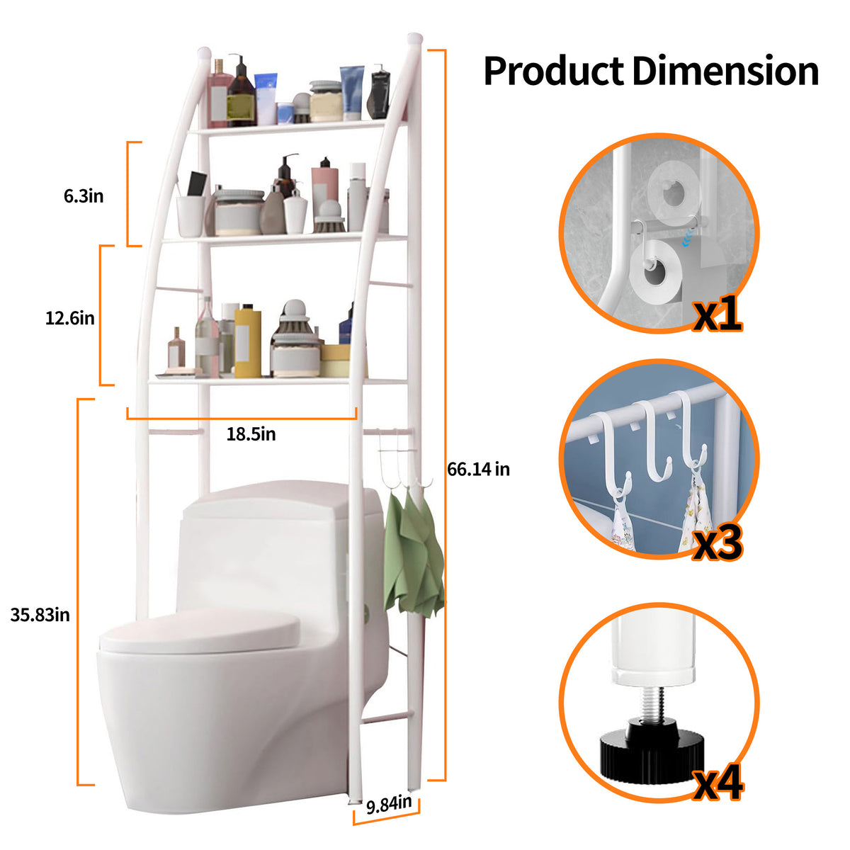 HioHa Over the Toilet Storage, Bathroom Organizer and Storage Shelf with Paper Holder and Hooks, New Over Toilet Storage Rack for Bathroom Laundry Room Balcony, 17.32"W White