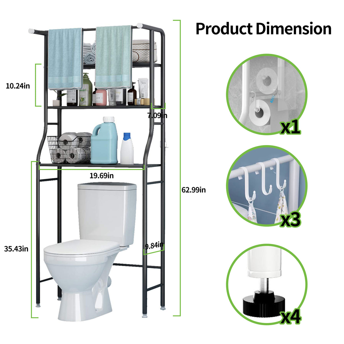 HioHa Over the Toilet Storage, Bathroom Organizers and Storage Shelf with Hanging Rod Paper Holder and 3 Hooks, Freestanding Toilet Rack Space Saver, Black
