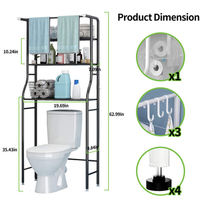 HioHa Over the Toilet Storage, Bathroom Organizers and Storage Shelf with Hanging Rod Paper Holder and 3 Hooks, Freestanding Toilet Rack Space Saver, Black