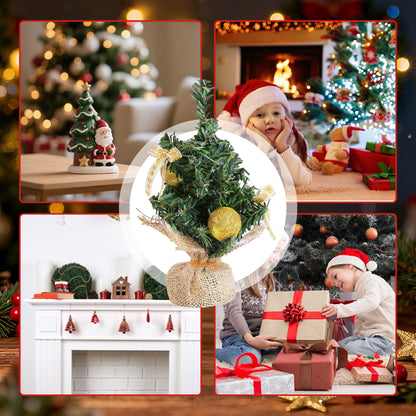 HioHa Small Christmas Trees with Lights, 1.4ft Mini Christmas Tree - Flocked Tabletop Christmas Decor for Home Office, Rustic Artificial Christmas Tree