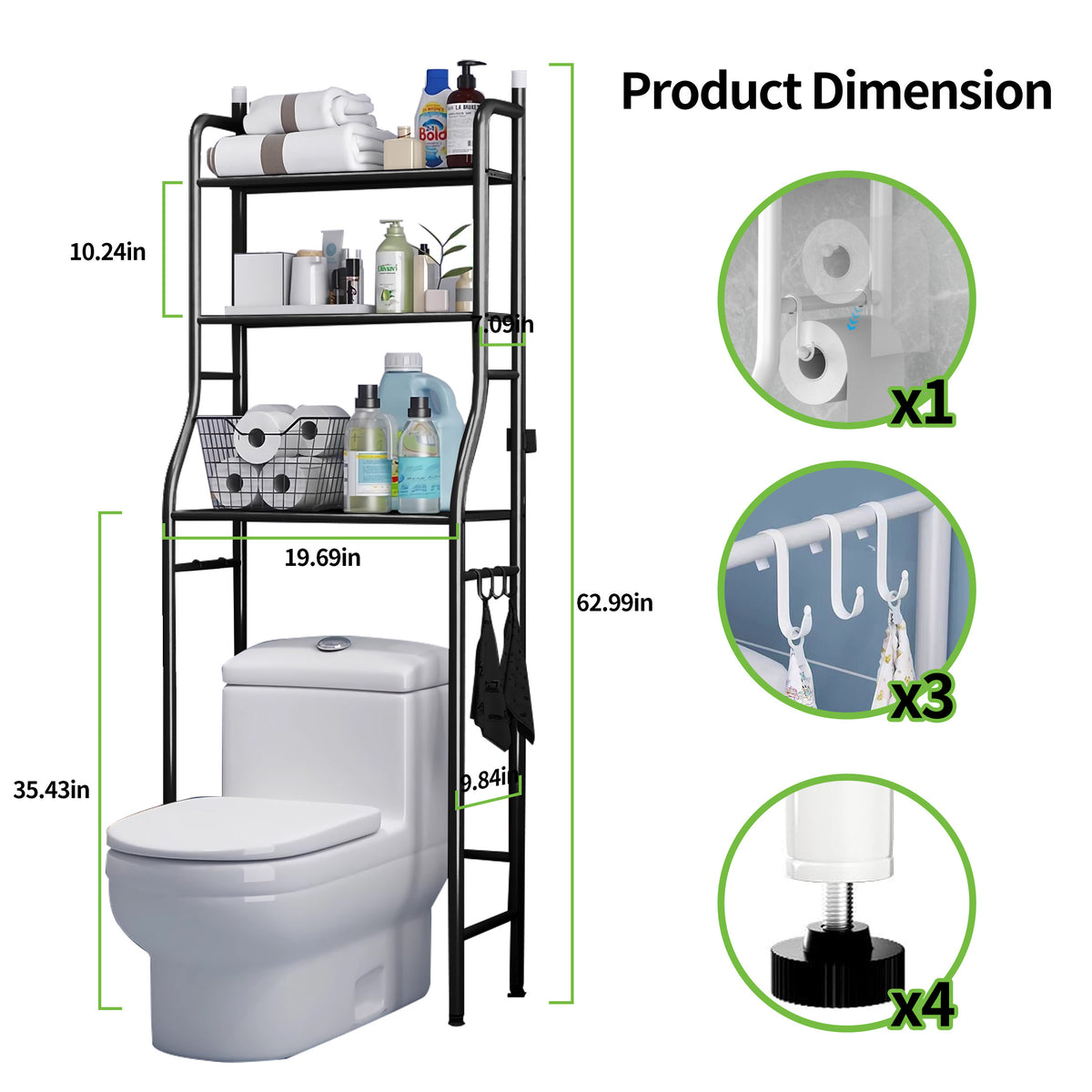 HioHa Over the Toilet Storage Rack, 3 Tier Bathroom Space Saver, Bathroom Corner Stand Storage Organizer Accessories Bathroom Towel Shelf 22"W Black