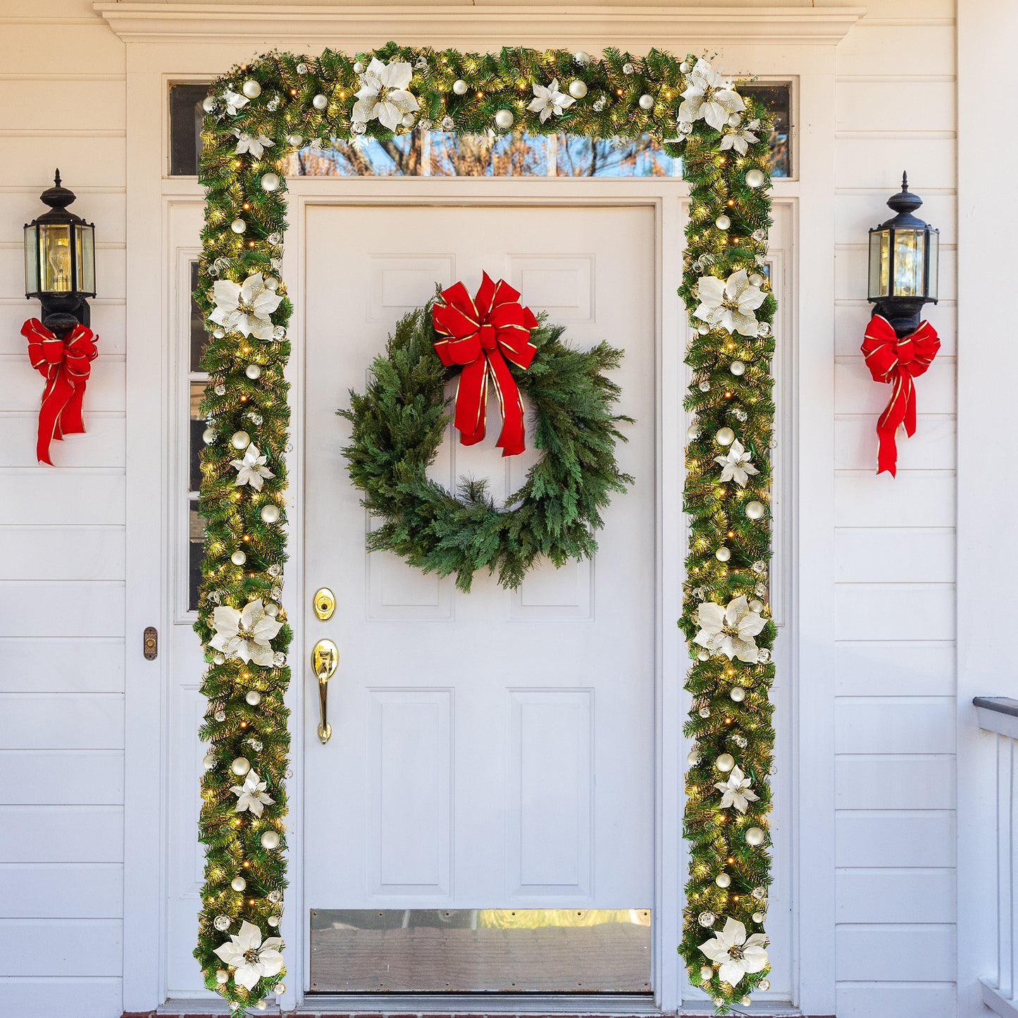 HioHa Christmas Garland 9ft Artificial Pine Garland with Warm White LED Lights, Pine Cones and Berries for Holiday Indoor Home Decor