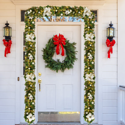 HioHa Christmas Garland 9ft Artificial Pine Garland with Warm White LED Lights, Pine Cones and Berries for Holiday Indoor Home Decor