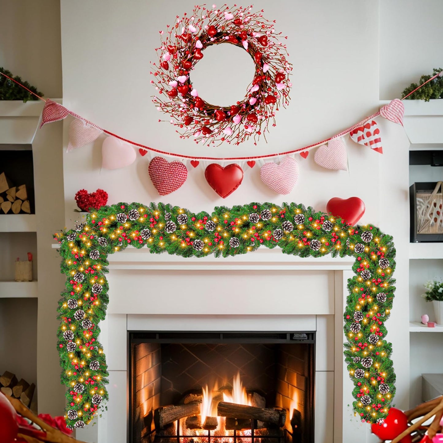 HioHa Christmas Garland 9ft Artificial Pine Garland with Pine Cones Berries for Holiday Indoor Outdoor Decor