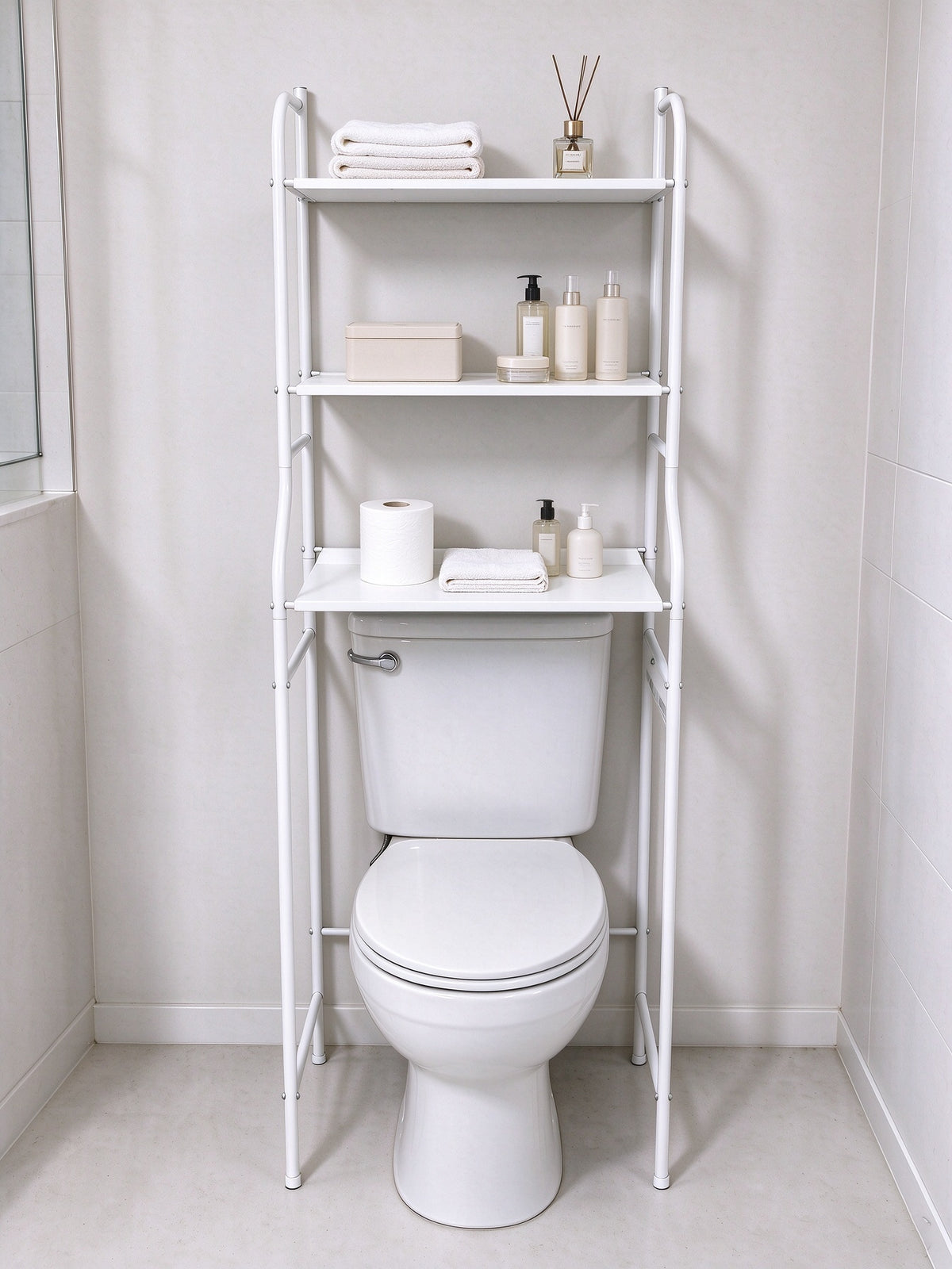 HioHa Wide Over Toilet Storage Shelf, 3-Tier Freestanding Bathroom Organizer with Paper Holder and 3 Hooks, Space Saver, Fits Larger Toilets, Black