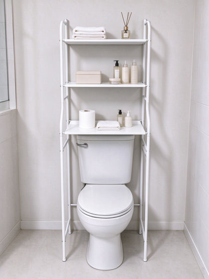 HioHa Wide Over Toilet Storage Shelf, 3-Tier Freestanding Bathroom Organizer with Paper Holder and 3 Hooks, Space Saver, Fits Larger Toilets, Black