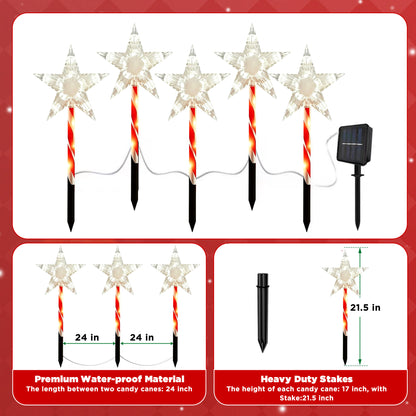 HioHa 2 Sets Solar Star Christmas Pathway Lights, 5-in-1 Outdoor Candy Cane Star Stake Lights, Warm White LED Waterproof Holiday Decor for Yard Lawn Garden Walkway