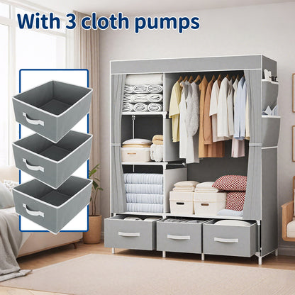 HioHa Portable Closet Organizer,3 Storage Drawers & Hanging Rod, Sturdy Space Saving Wardrobe for Bedroom Dorm Rental, Grey