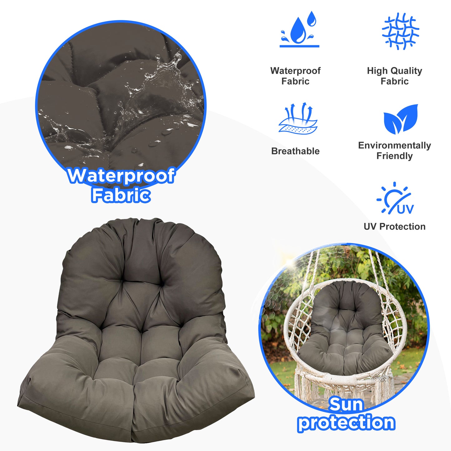 LCGOD 4" Thick Egg Chair Cushion, PP Cotton Filling, Removable Waterproof Cover, Non-Slip for Hanging Swing, Patio Garden & Indoor Lounger