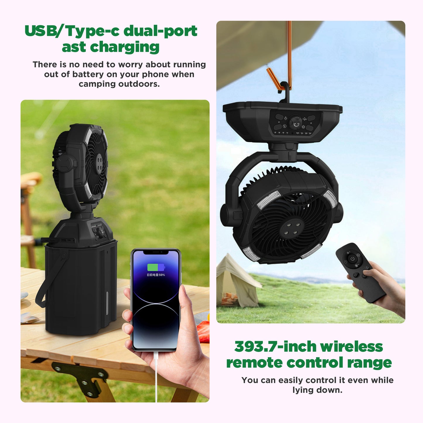 Lcgod 10 Inch Portable Misting Fan, 8-Core Permanent Magnet Motor, 7 Wind Speeds, 4 Spray Modes, 20000mAh Battery, Quiet Cooling Fan for Patio Camping Fishing Garden Office