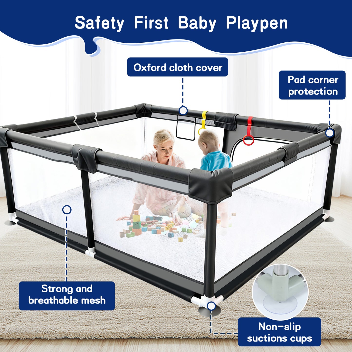 HioHa 71" Baby Playpen - Mat Included, Sturdy Steel Frame & Breathable Mesh Walls, Portable Indoor/Outdoor Play Yard