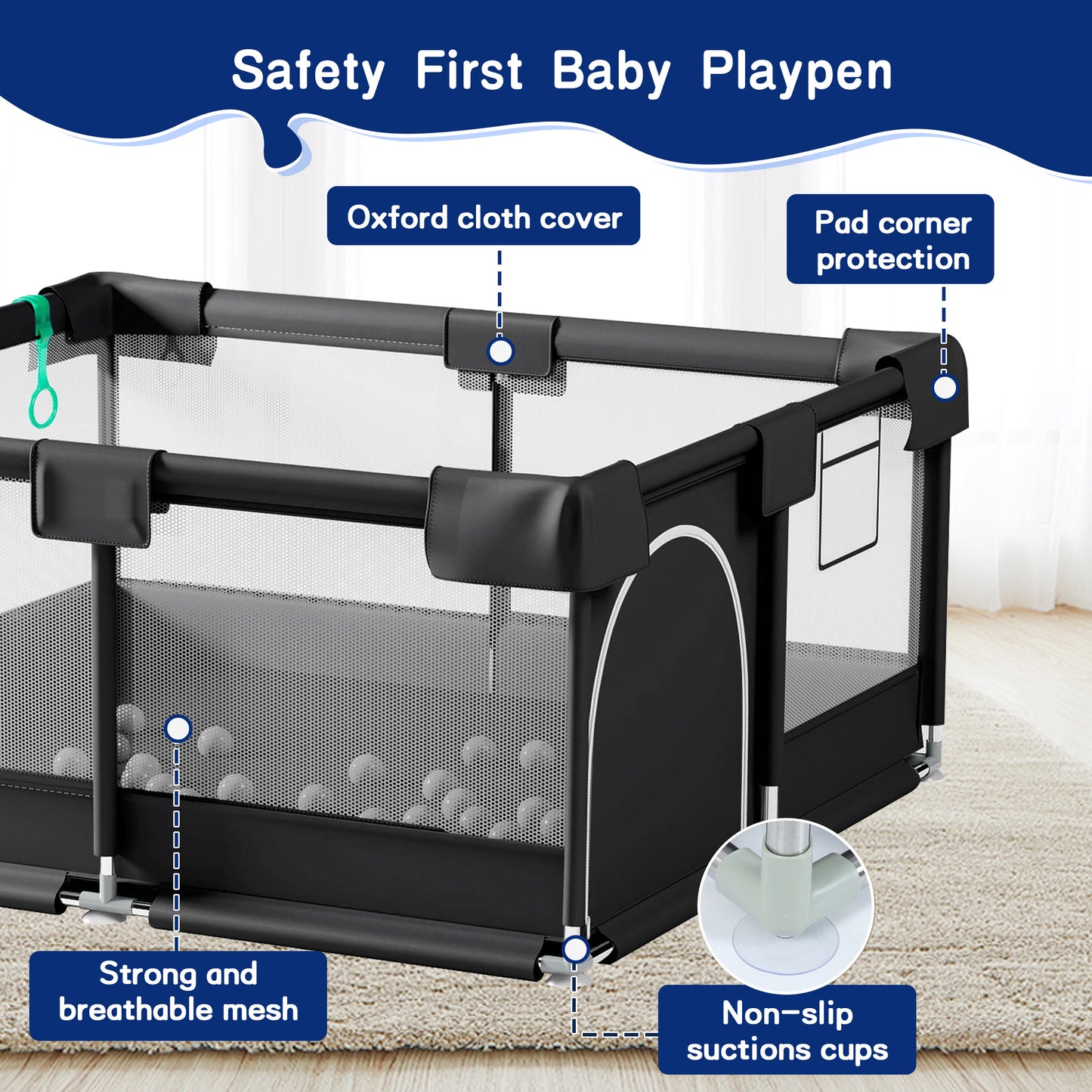 HioHa 52" x 52" Baby Playpen, Portable Play Yard with Sturdy Steel Frame & Breathable Mesh, Indoor Outdoor Baby Play Area
