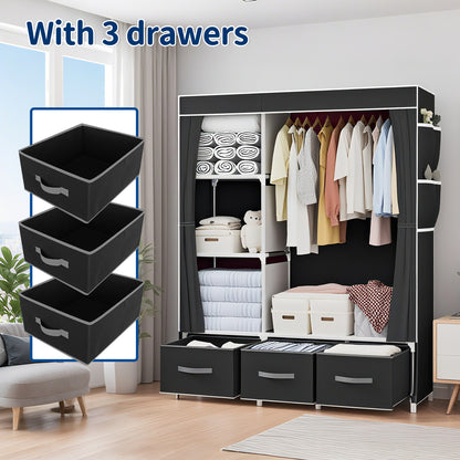 HioHa Portable Closet Organizer,3 Storage Drawers & Hanging Rod, Sturdy Space Saving Wardrobe for Bedroom Dorm Rental, Black