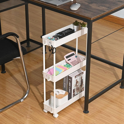 HioHa Slim Storage Cart, 3-Tier Bathroom Organizers and Storage Movably with Wheels & Hooks, Rolling Utility Cart for Kitchen Bathroom Living Room Office