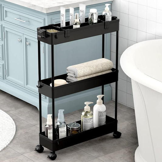 HioHa Slim Storage Cart, 3-Tier Bathroom Organizers and Storage Movably with Wheels & Hooks, Rolling Utility Cart for Kitchen Bathroom Living Room Office