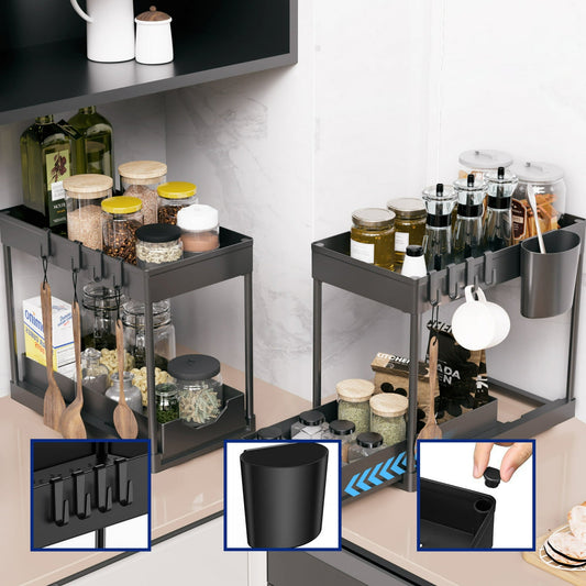 HioHa Under Sink Organizer, 2 Tier Under Sink Storage for Narrow Space, Pull Out Cabinet Organizer with 8 Hooks for Kitchen Bathroom, 2PCS
