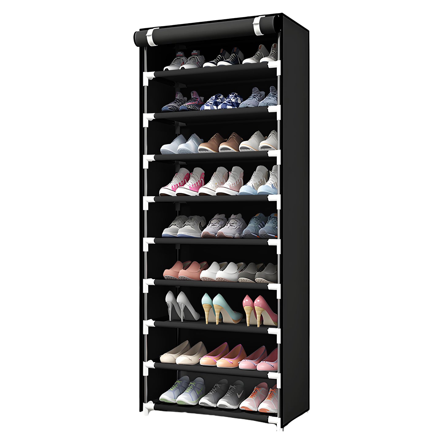 HioHa 10-Tier Shoe Rack with Dustproof Cover, Holds 27 Pairs, Space Saving Organizer for Closet, Entryway, Non-Woven Fabric, 63 Inch Height, Black