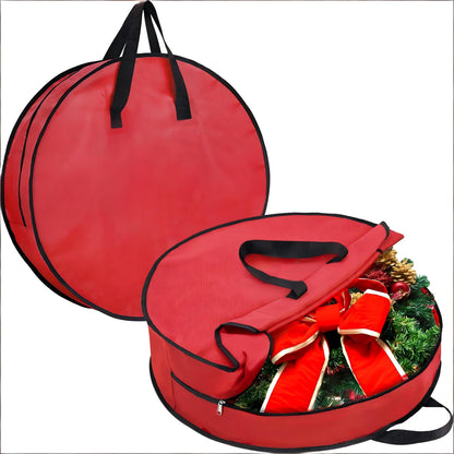 HioHa 12 Inch Christmas Wreath Storage Bag, Protective Fabric Organizer Box with Handle for Holiday Decorations, Red